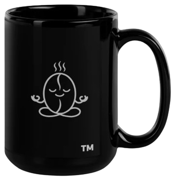 Black glossy FOYB coffee mug back with zen bean